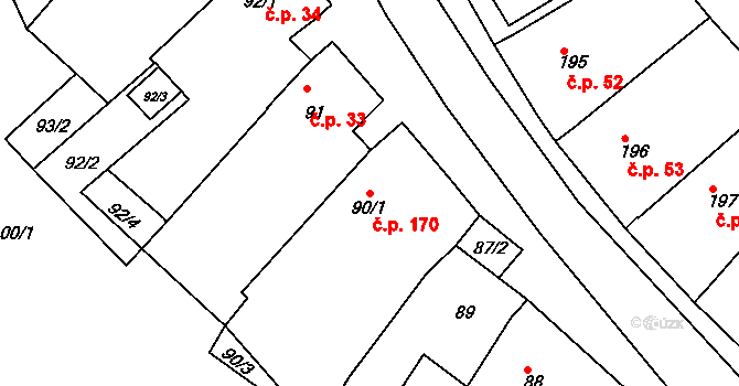 Konice 170, Znojmo na parcele st. 90/1 v KÚ Konice u Znojma, Katastrální mapa