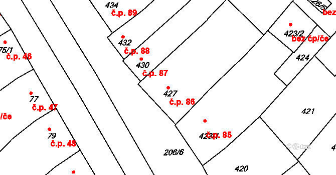 Hrušky 86 na parcele st. 427 v KÚ Hrušky, Katastrální mapa