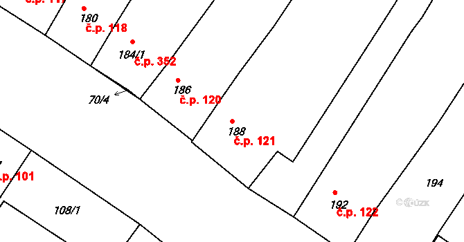 Perná 121 na parcele st. 188 v KÚ Perná, Katastrální mapa