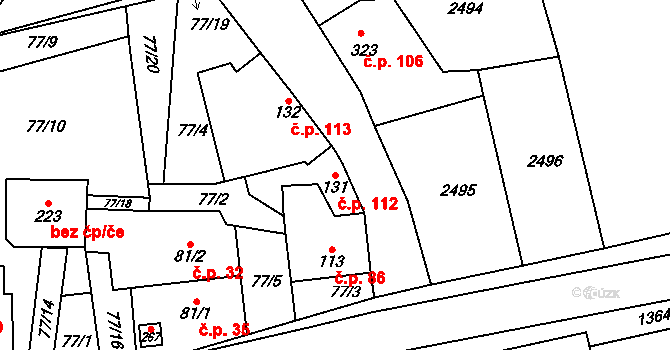 Jestřabice 112, Koryčany na parcele st. 131 v KÚ Jestřabice, Katastrální mapa