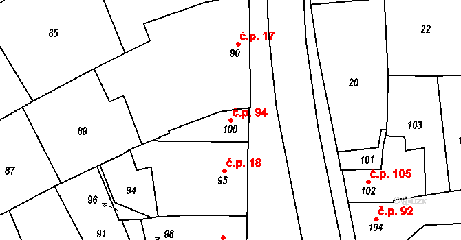 Mořice 94 na parcele st. 100 v KÚ Mořice, Katastrální mapa