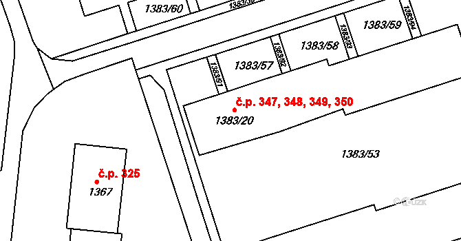 Moravský Krumlov 347,348,349,350 na parcele st. 1383/20 v KÚ Moravský Krumlov, Katastrální mapa