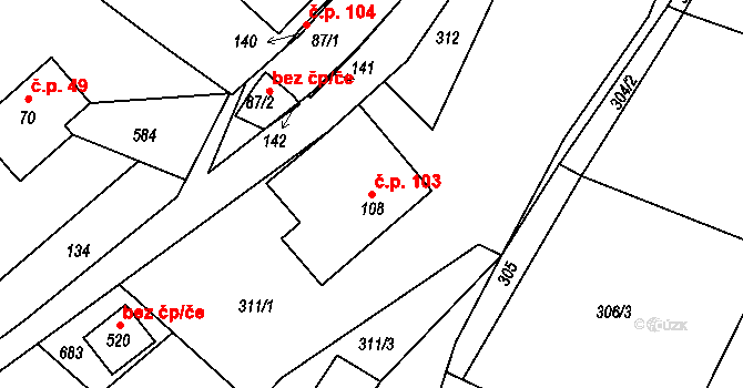 Jenišovice 103 na parcele st. 108 v KÚ Jenišovice u Jablonce nad Nisou, Katastrální mapa