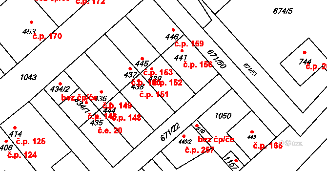 Pchery 152 na parcele st. 439 v KÚ Pchery, Katastrální mapa