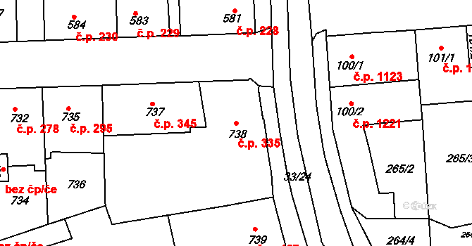 Švermov 335, Kladno na parcele st. 738 v KÚ Motyčín, Katastrální mapa