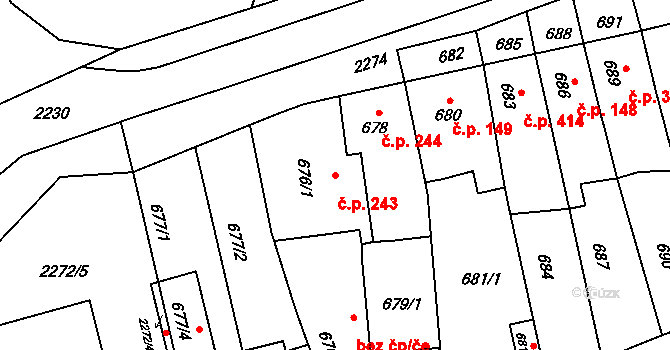Velká Bystřice 243 na parcele st. 676/1 v KÚ Velká Bystřice, Katastrální mapa