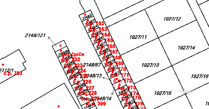Bechyně 169 na parcele st. 2148/9 v KÚ Bechyně, Katastrální mapa