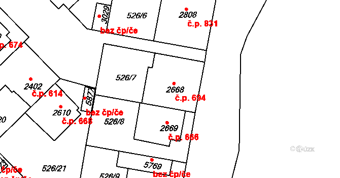 Borovina 694, Třebíč na parcele st. 2668 v KÚ Třebíč, Katastrální mapa