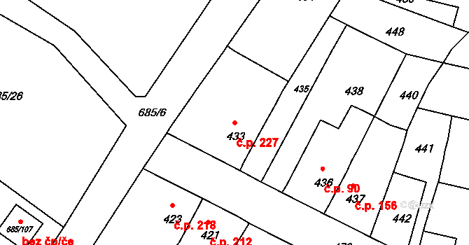 Droužkovice 227 na parcele st. 433 v KÚ Droužkovice, Katastrální mapa