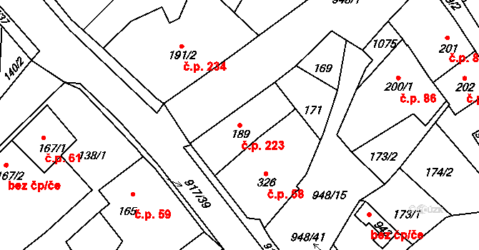 Borohrádek 223 na parcele st. 189 v KÚ Borohrádek, Katastrální mapa