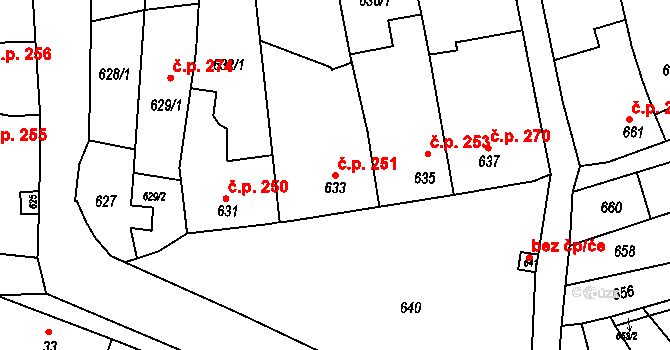 Ochoz u Brna 251 na parcele st. 633 v KÚ Ochoz u Brna, Katastrální mapa