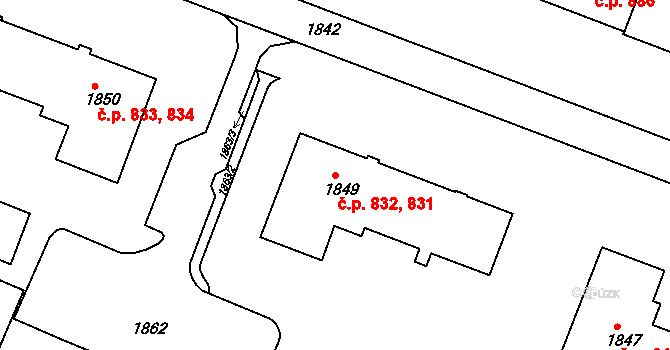 Kuřim 831,832 na parcele st. 1849 v KÚ Kuřim, Katastrální mapa
