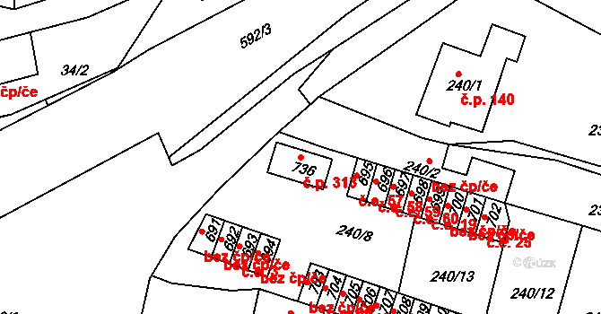 Hostomice 313 na parcele st. 736 v KÚ Hostomice nad Bílinou, Katastrální mapa