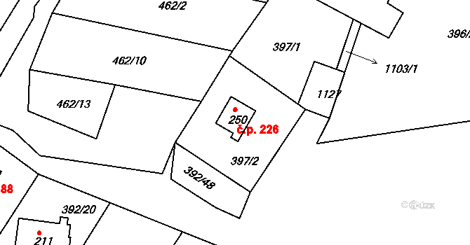 Klení 226, Benešov nad Černou na parcele st. 250 v KÚ Klení, Katastrální mapa