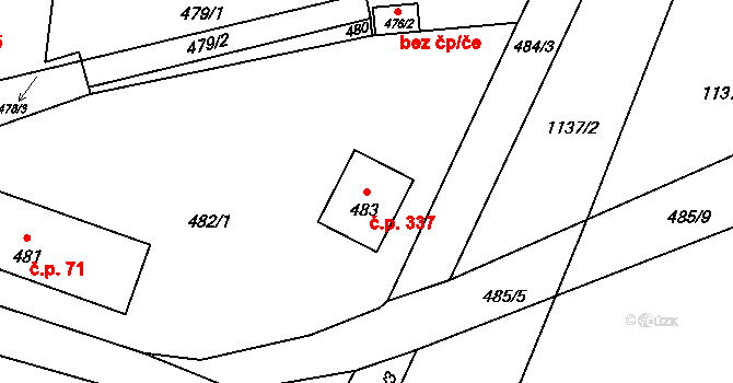 Rychlov 337, Bystřice pod Hostýnem na parcele st. 483 v KÚ Rychlov u Bystřice pod Hostýnem, Katastrální mapa