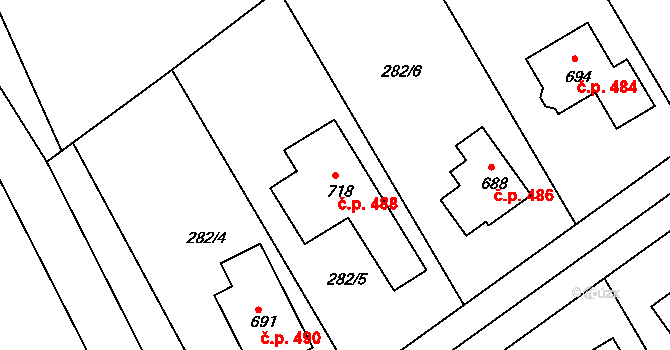 Lázně Toušeň 488 na parcele st. 718 v KÚ Lázně Toušeň, Katastrální mapa