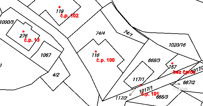 Dalečín 100 na parcele st. 116 v KÚ Dalečín, Katastrální mapa