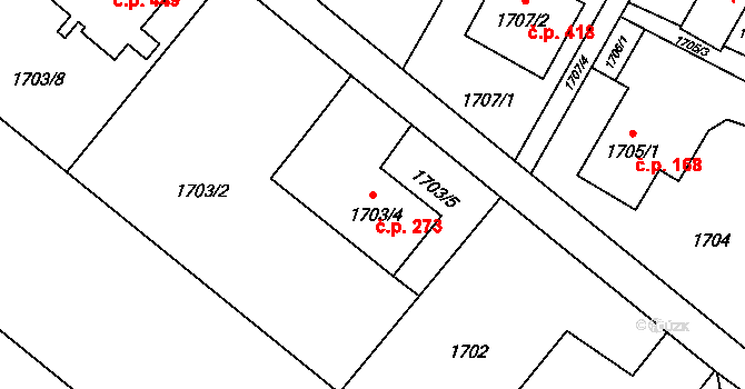 Kozmice 273 na parcele st. 1703/4 v KÚ Kozmice, Katastrální mapa