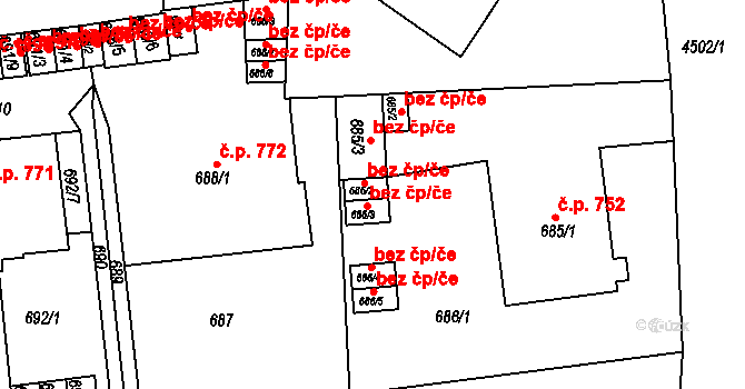 Teplice 45134928 na parcele st. 686/2 v KÚ Teplice, Katastrální mapa