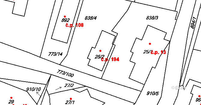 Brtnice 194, Velké Popovice na parcele st. 25/2 v KÚ Velké Popovice, Katastrální mapa
