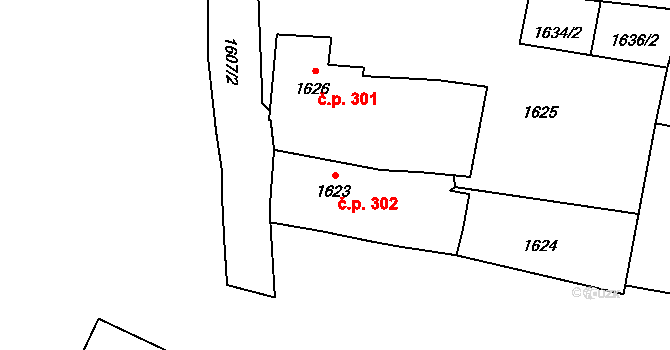 Mohelnice 302 na parcele st. 1623 v KÚ Mohelnice, Katastrální mapa