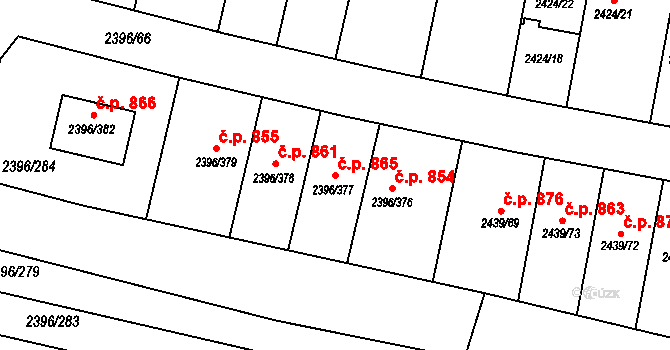Veverská Bítýška 865 na parcele st. 2396/377 v KÚ Veverská Bítýška, Katastrální mapa