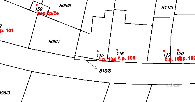 Radonice nad Ohří 104, Peruc na parcele st. 115 v KÚ Radonice nad Ohří, Katastrální mapa