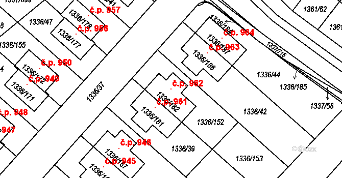 Vinoř 962, Praha na parcele st. 1336/182 v KÚ Vinoř, Katastrální mapa