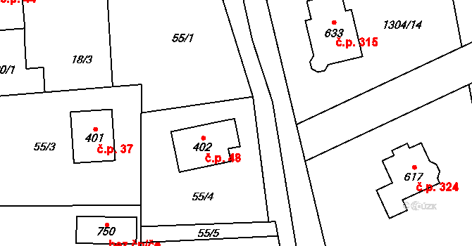Prostřední Lánov 48, Lánov na parcele st. 402 v KÚ Prostřední Lánov, Katastrální mapa