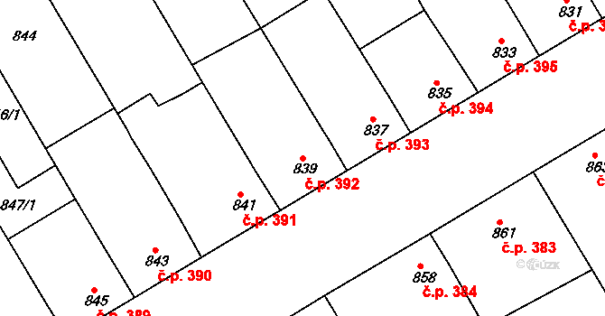 Hrušky 392 na parcele st. 839 v KÚ Hrušky, Katastrální mapa