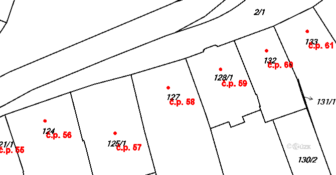 Holešov 58 na parcele st. 127 v KÚ Holešov, Katastrální mapa