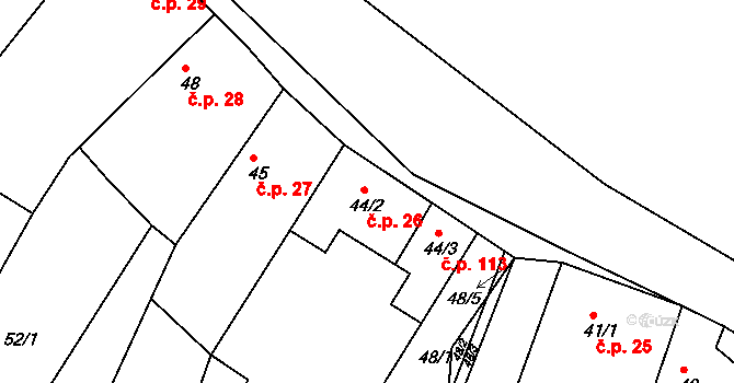 Horní Kounice 26 na parcele st. 44/2 v KÚ Horní Kounice, Katastrální mapa