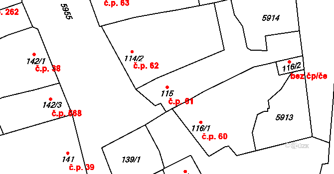 Hrušovany nad Jevišovkou 61 na parcele st. 115 v KÚ Hrušovany nad Jevišovkou, Katastrální mapa