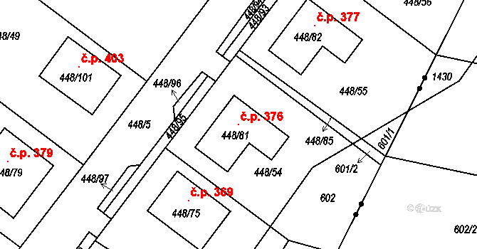 Mstišov 376, Dubí na parcele st. 448/81 v KÚ Mstišov, Katastrální mapa