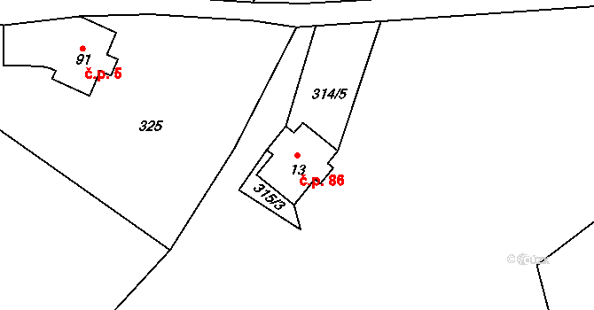 Rejdice 86, Kořenov na parcele st. 13 v KÚ Rejdice, Katastrální mapa