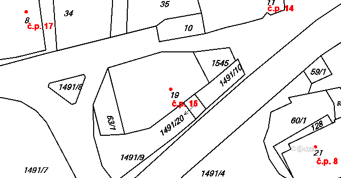 Kamenička 15, Kamenice na parcele st. 19 v KÚ Kamenička, Katastrální mapa