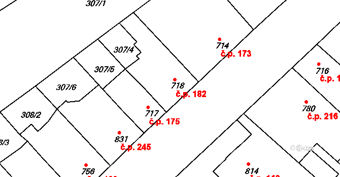 Telč-Podolí 182, Telč na parcele st. 718 v KÚ Telč, Katastrální mapa