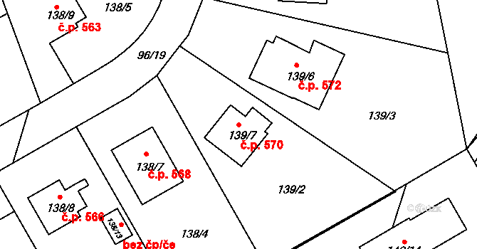 Lyžbice 570, Třinec na parcele st. 139/7 v KÚ Lyžbice, Katastrální mapa