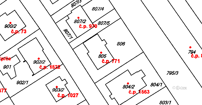 Roztoky 771 na parcele st. 805 v KÚ Roztoky u Prahy, Katastrální mapa