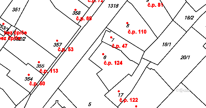 Nebovidy 124 na parcele st. 6/1 v KÚ Nebovidy u Brna, Katastrální mapa