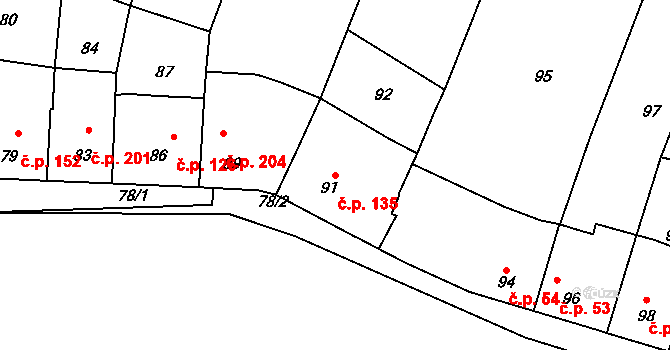Omice 135 na parcele st. 91 v KÚ Omice, Katastrální mapa
