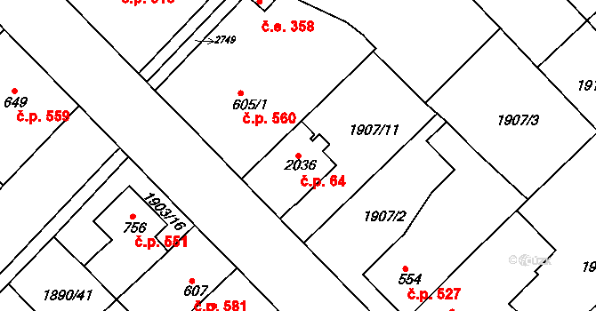 Tišnov 64 na parcele st. 2036 v KÚ Tišnov, Katastrální mapa