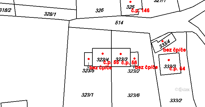 Železná 55, Vrbno pod Pradědem na parcele st. 323/4 v KÚ Železná pod Pradědem, Katastrální mapa