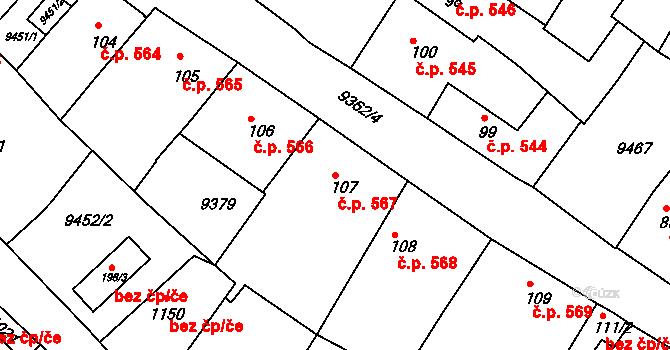 Slavonice 567 na parcele st. 107 v KÚ Slavonice, Katastrální mapa