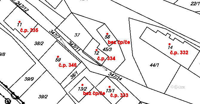 Pecka 334 na parcele st. 12 v KÚ Lhota u Pecky, Katastrální mapa