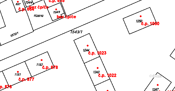 Rožnov pod Radhoštěm 1023 na parcele st. 1244 v KÚ Rožnov pod Radhoštěm, Katastrální mapa