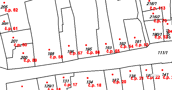 Zámostí 56, Třebíč na parcele st. 195 v KÚ Podklášteří, Katastrální mapa