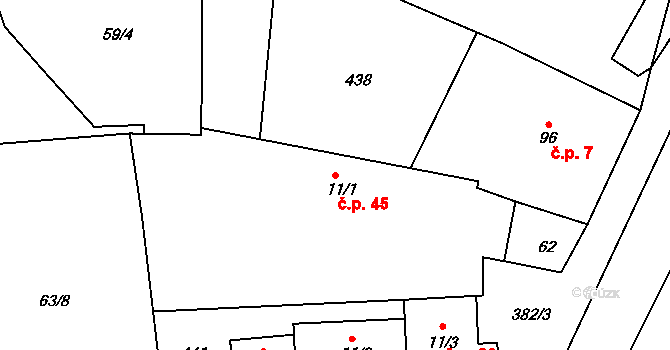 Topol 45, Chrudim na parcele st. 11/1 v KÚ Topol, Katastrální mapa