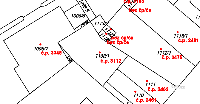 Teplice 3112 na parcele st. 1108/1 v KÚ Teplice, Katastrální mapa