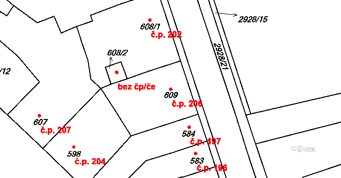 Nové Město 206, Rokycany na parcele st. 609 v KÚ Rokycany, Katastrální mapa